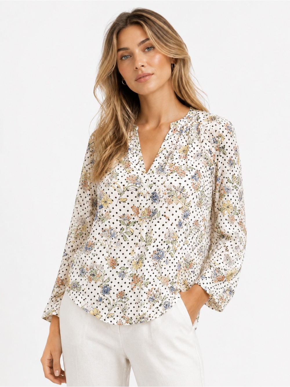 Anthro dRA Los Angelos White Polka Dot Floral Shirt